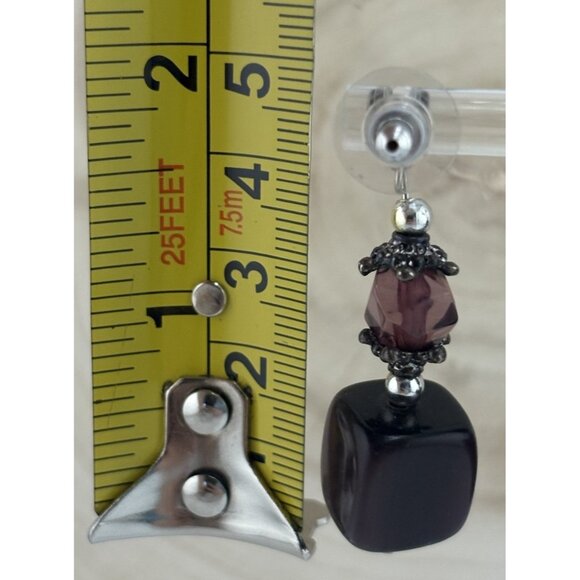 Vintage Boho Beaded Dangle Earrings Purple Glass & Black Cube Beads Silver Tone - Picture 5 of 6